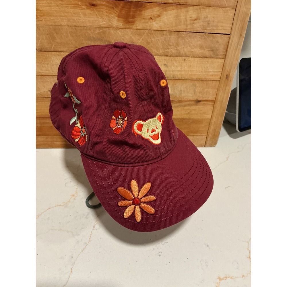 Grateful Dead Embroidered Flower Steal Your Face Dancing Bear Maroon Hat